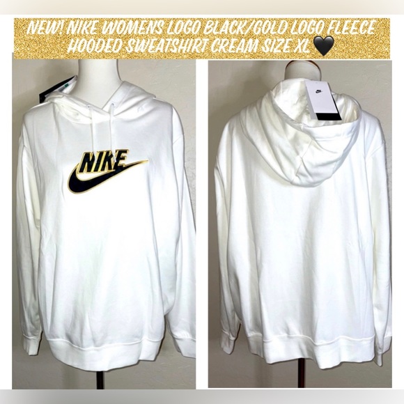 🎉HP🎉New! Nike Womens Logo Black/Gold Logo Fleece Hood Sweatshirt Cream Size XL🖤 - Picture 1 of 7